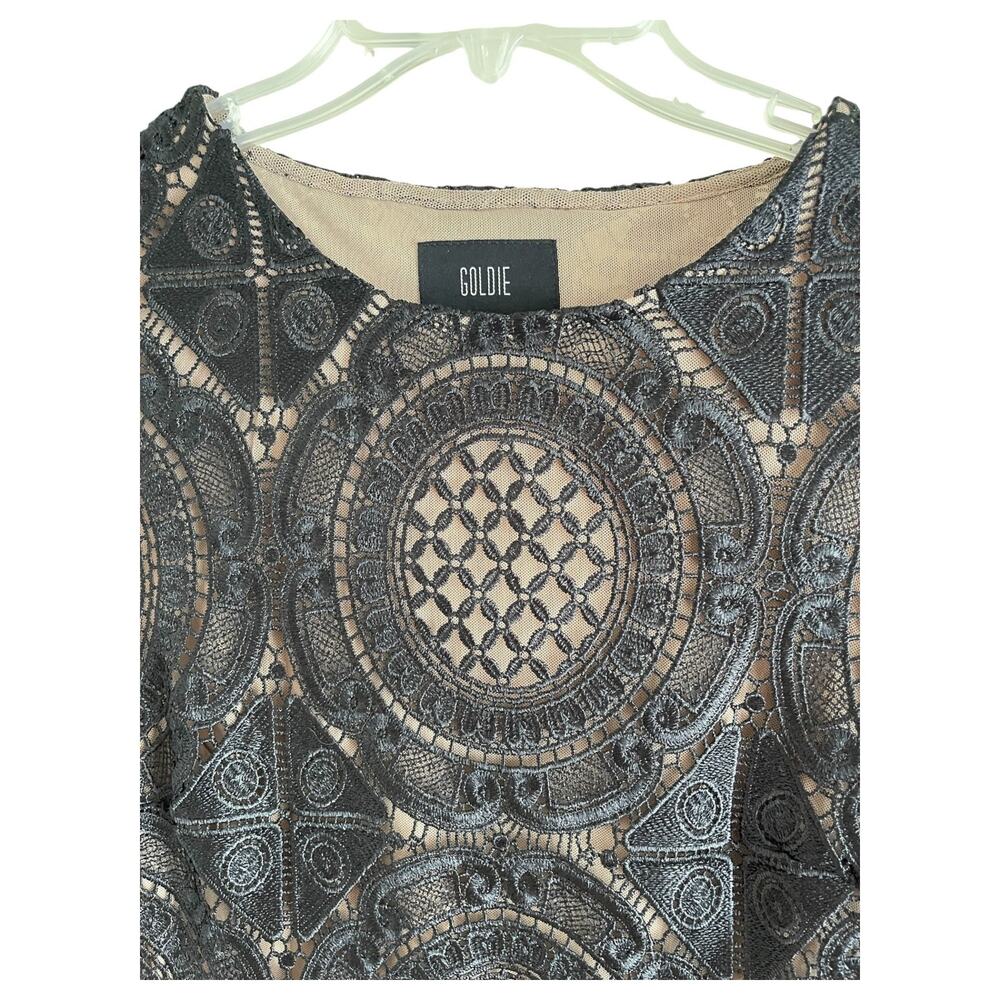 Crochet Medallion Black Lace Skin Tone Lined Two Layer Dress XS Goldie Brand - Picture 3 of 5